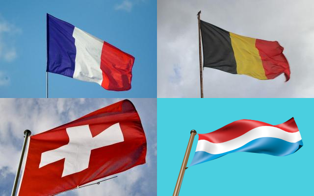 Collage Flaggen Frankreich, Schweiz, Belgien, Luxemburg