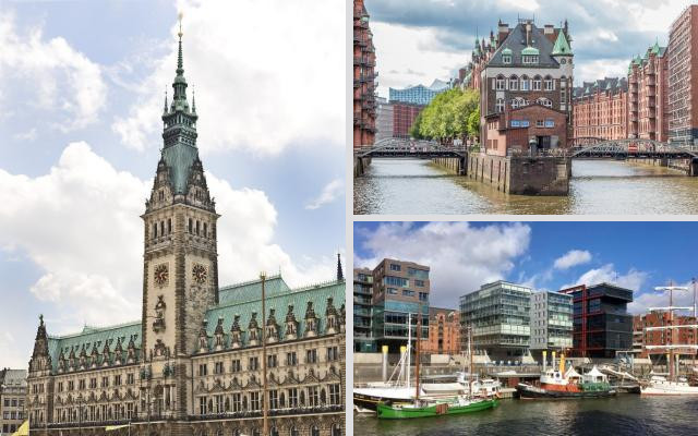 Collage Rathaus, Wasserschloss, HafenCity Hamburg